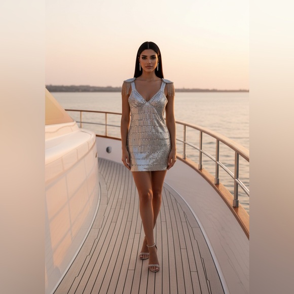 162. BASIX Black Label Silver Metallic Cochella Style Mini Dress •2 - Picture 3 of 16